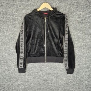 Guess Velour Hoodie Women‎ Small Black Rhinestone Full Zip Jacket Bling
